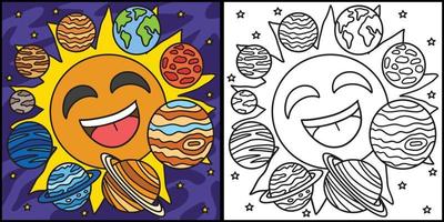 Happy Sun and Solar System Coloring Illustration vector