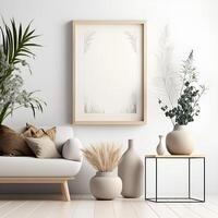 mockup frame in modern interior background , neutral wooden living room with boho vase aesthetic - AI generated image photo