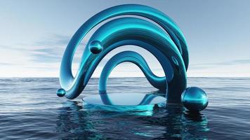 podium with abstract shape and metallic color above the sea. 3d render photo