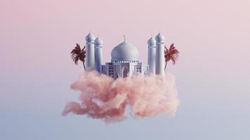 islamic dreamy illustration of a mosque over the cloud. 3d render photo