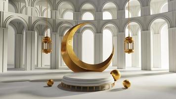 ramadhan kareem podium display with white and gold color. 3d render photo