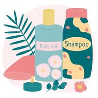 A set of elements for the home and bathroom - shampoo, body milk, plants. vector