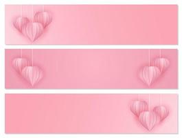 Paper art and craft style banner set with hearts. vector