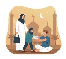 Girl and her parent giving food to poor people vector