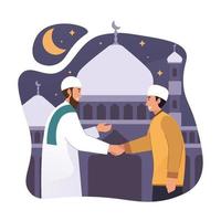 Muslim people standing in front of mosque while shaking hands and greeting each other vector