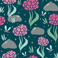 cute seamless vector pattern background illustration with abstract pink flowers and dragonflies