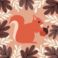 cute cartoon squirrel with nuts and leaves vector