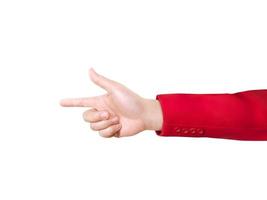 Woman's hand in shirt touching or pointing isolated on white background photo