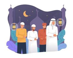 Muslim people perform tarawih prayer at night during ramadan vector