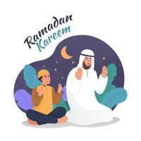 Muslim man and his son praying together at night vector