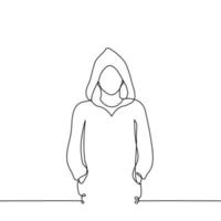 man with hoodie stands looking at the viewer, on his head is a hood with hands in pockets vector