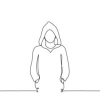 man with hoodie stands looking at the viewer, on his head is a hood with hands in pockets vector