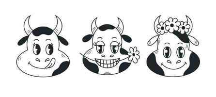 Cow cartoon face doodle set vector