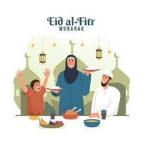 Muslim mother serving food for family dinner vector