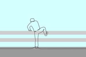 man climbing over bridge railing - one line drawing vector. concept save a drowning man, suicide vector