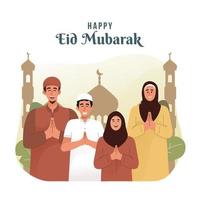 feliz familia musulmana saludando y celebrando eid mubarak vector