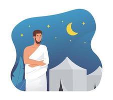 Muslim man in ihram clothes praying at night vector