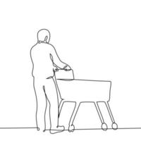 man driving a shopping cart - one line drawing vector. buyer concept vector