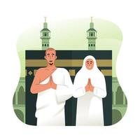 Hajj pilgrims greeting in front of Kaaba vector