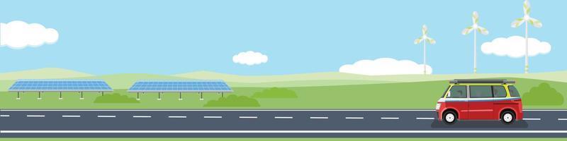 Happy family travels with van car on asphalt road for banner.  Asphalt road near the with big green hill under clear sky surrounded by green grass. Ecology technology of solar panel and windmill. vector