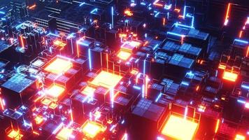 Pixel city in an illuminated space. Infinitely looped animation video