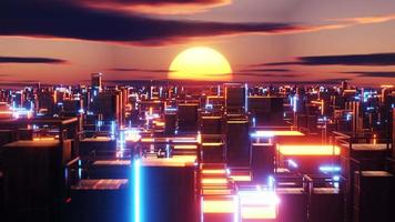 Bright sun shines behind a city filled with tall buildings. Infinitely looped animation video