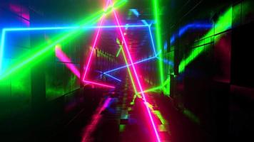 Multicolored lasers moving in a rectangular tunnel. Infinitely looped animation video