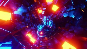 voando por um túnel de cubos de metal azul e laranja. animação em loop infinito. video