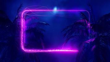 Dynamically drawn neon frame between palm trees. Infinitely looped animation video