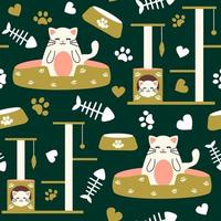 Cute seamless vector pattern illustration with cat, scratching post, hearts, paw prints and fish bones on dark green background