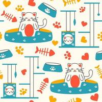 Cute seamless vector pattern background illustration with cat, scratching post, hearts, paw prints and fish bones