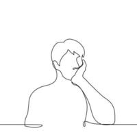 man sitting propping his cheek with his hand - one line drawing vector. concept daydreaming vector