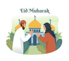 Muslim people greeting each other and celebrating eid mubarak vector