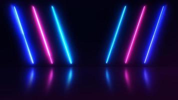 Abstract neon background with colorful beams of light and with bright laser animation and reflective floor. photo