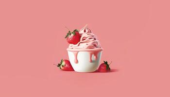 Strawberry yogurt or cream. Fresh berries. 3d effect. Pink background, banner photo