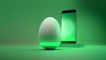 Smartphone with green screen and Easter egg on green background. photo