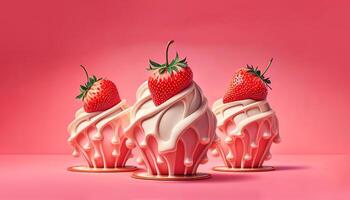 Cupcake with meringue and strawberries. 3d effect. Homemade cakes on pink photo