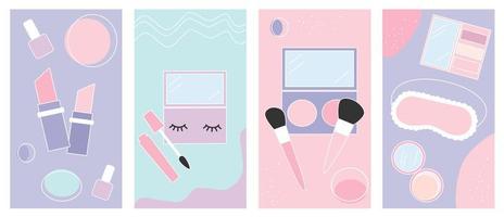 Set of vector backgrounds in simple linear style for social media platform, stories, banner with beauty and make up elements