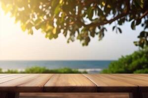 Empty wood table with free space, tree leaves on both sides, blurred farm in background. photo