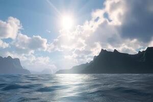 ocean Sea view cool mountain in background, cloudy sky, sunlight photo