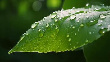 grande hermosa gotas de transparente lluvia agua en un verde hoja macro. Mañana resplandor en el luz de sol. hermosa hoja textura en naturaleza. natural antecedentes. generativo ai foto