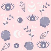 Cute seamless vector pattern background illustration with esoteric mystical boho elements eyes, crystal ball, moon and stars