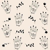 Cute elegant minimal seamless vector pattern background illustration with female hands with sacred symbols in bohemian style, flowers and leaves