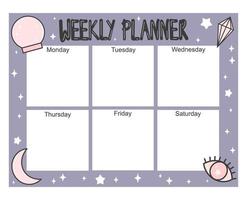 cute weekly planner vector design illustration with cartoon moon, stars and witchcraft elements