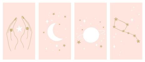 Vector set of abstract mystic logo design templates in simple linear style with moon, stars and constellation elements symbols for instagram social media stories highlights and posts