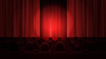 cine con cortinas y audiencia. espacio a sitio cualquier cosa en escenario. rojo cortina y sentar teatral sillas y Espere para el comienzo de el actuación. vector