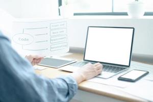 Mockup image of ux graphic designer creative smartphone application process development interface for web mobile phone, mockup concept photo