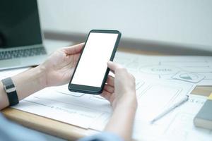 Mockup image of ux graphic designer creative smartphone application process development interface for web mobile phone, mockup concept photo