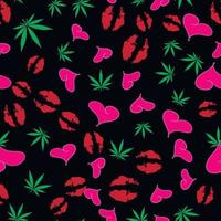 hemp leaves kisses and hearts in a chaotic pattern seamless bright funny texture on a black background vector