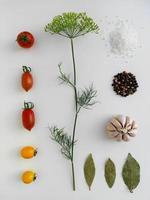 Ingredients for pickling red and yellow tomatoes. Concept culinary recipe preservation of vegetables in harvest season. Assorted tomatoes, garlic, dill, salt, pepper and bay leaf. Knolling concept. photo